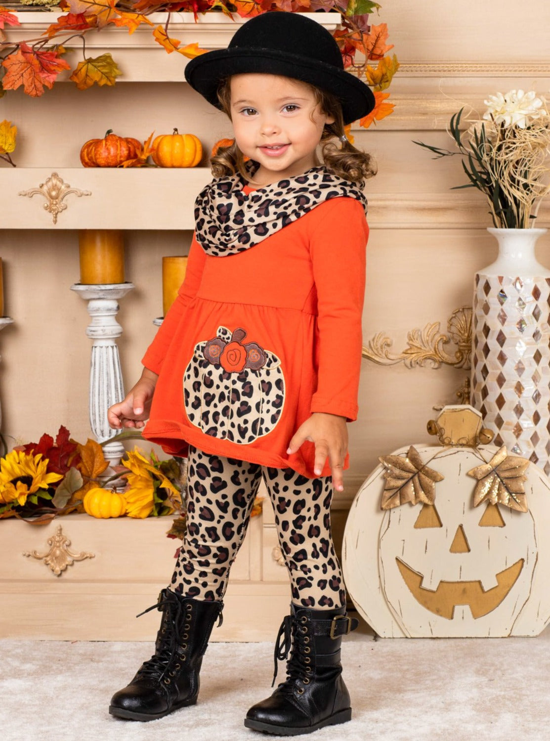 Girls Pumpkin Tunic, Leopard Leggings & Scarf Set - Mia Belle Girls