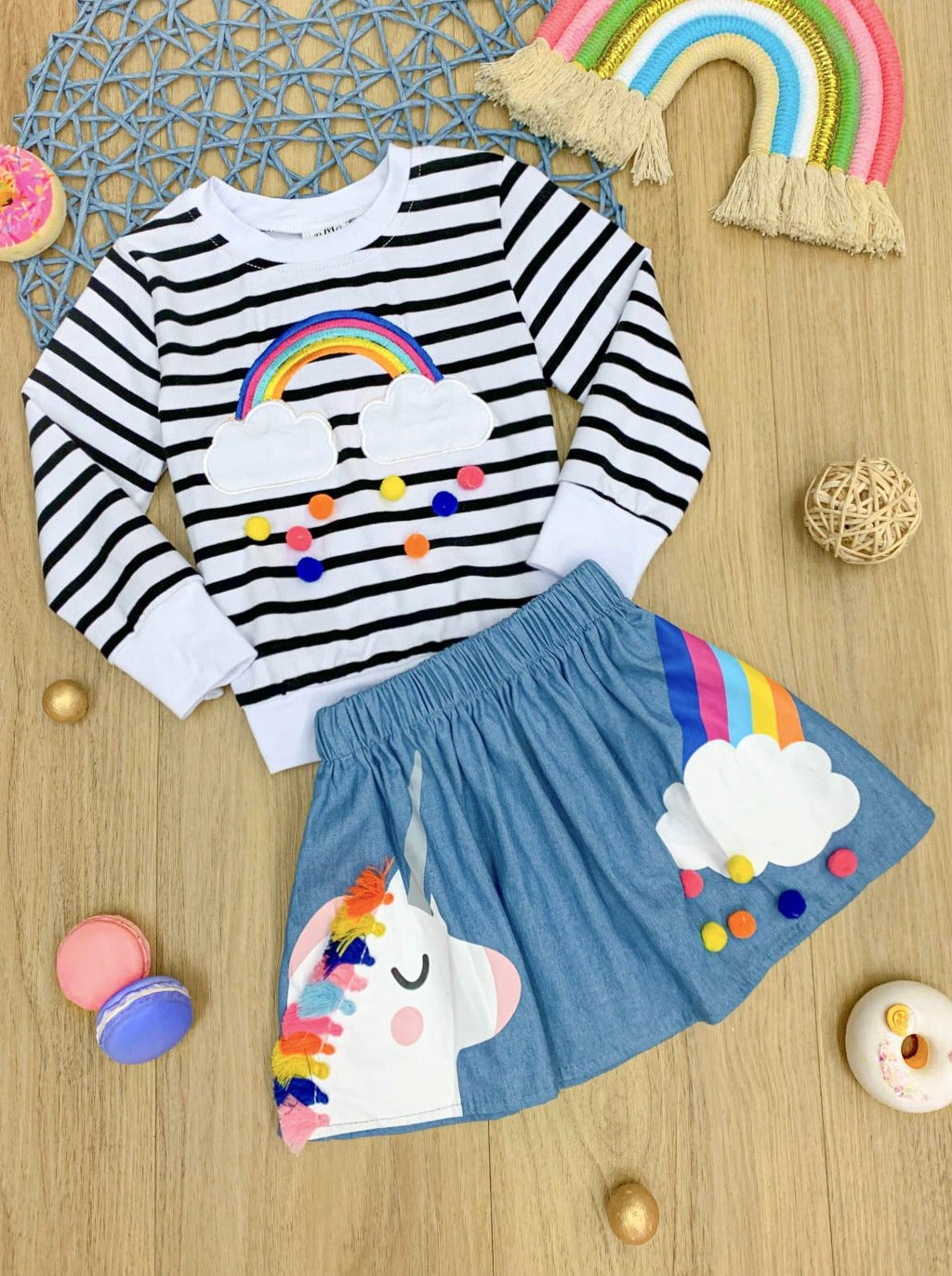 Girls Rainbow Sweatshirt and Rainbow Unicorn Skirt Set