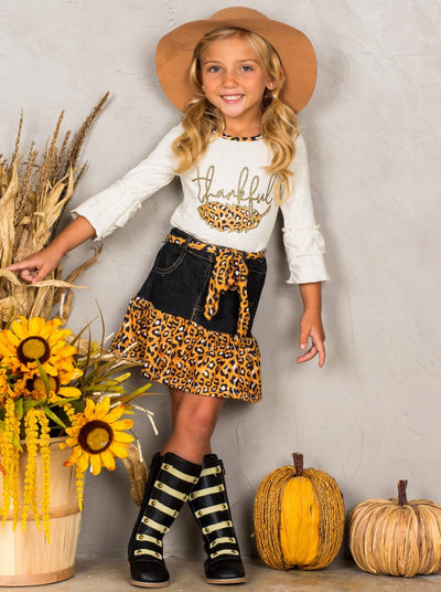 Fall Outfit | Thankful Leopard Ruffle Denim Skirt Set | Cute Girls Set