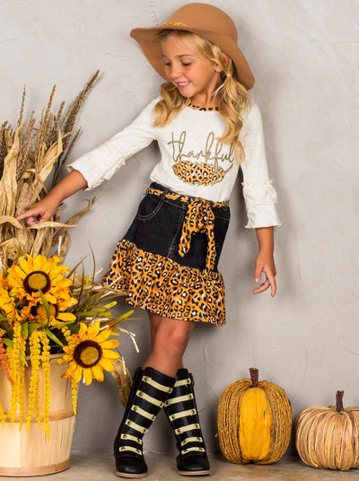 Fall Outfit | Thankful Leopard Ruffle Denim Skirt Set | Cute Girls Set