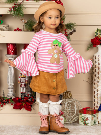 Girls Striped Gingerbread Girl Top and Faux Button Skirt Set