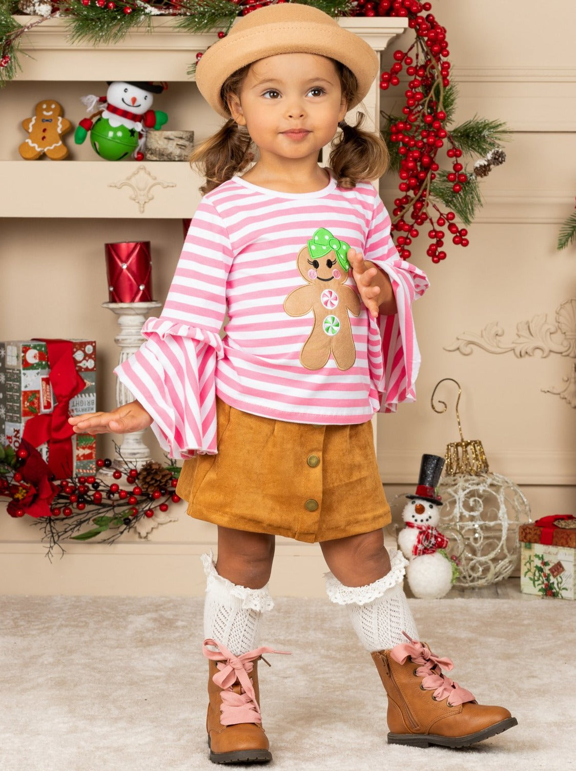 Girls Striped Gingerbread Girl Top and Faux Button Skirt Set