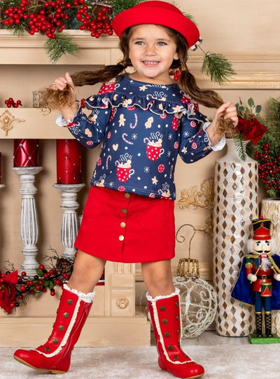 Cute Winter Sets | Girls Cocoa Ruffle Top Faux Button Pocket Skirt Set