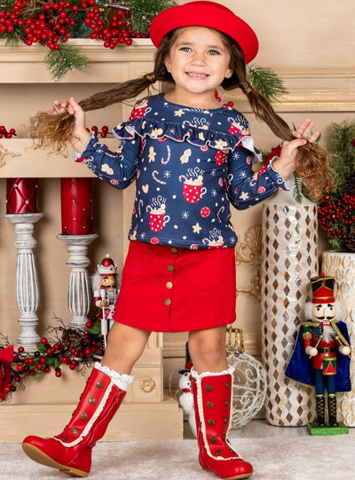 Cute Winter Sets | Girls Cocoa Ruffle Top Faux Button Pocket Skirt Set