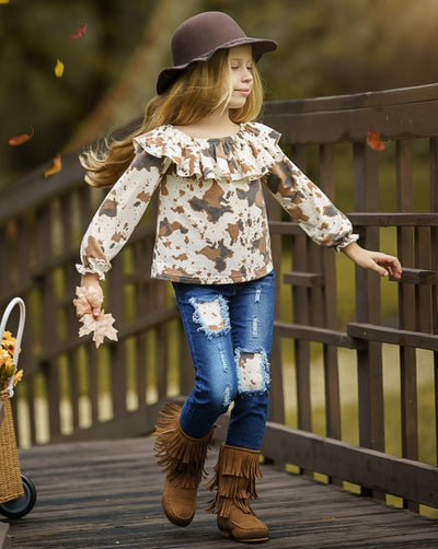 Cute Outfits For Girls | Cow Print Top and Patched Jeans Set
