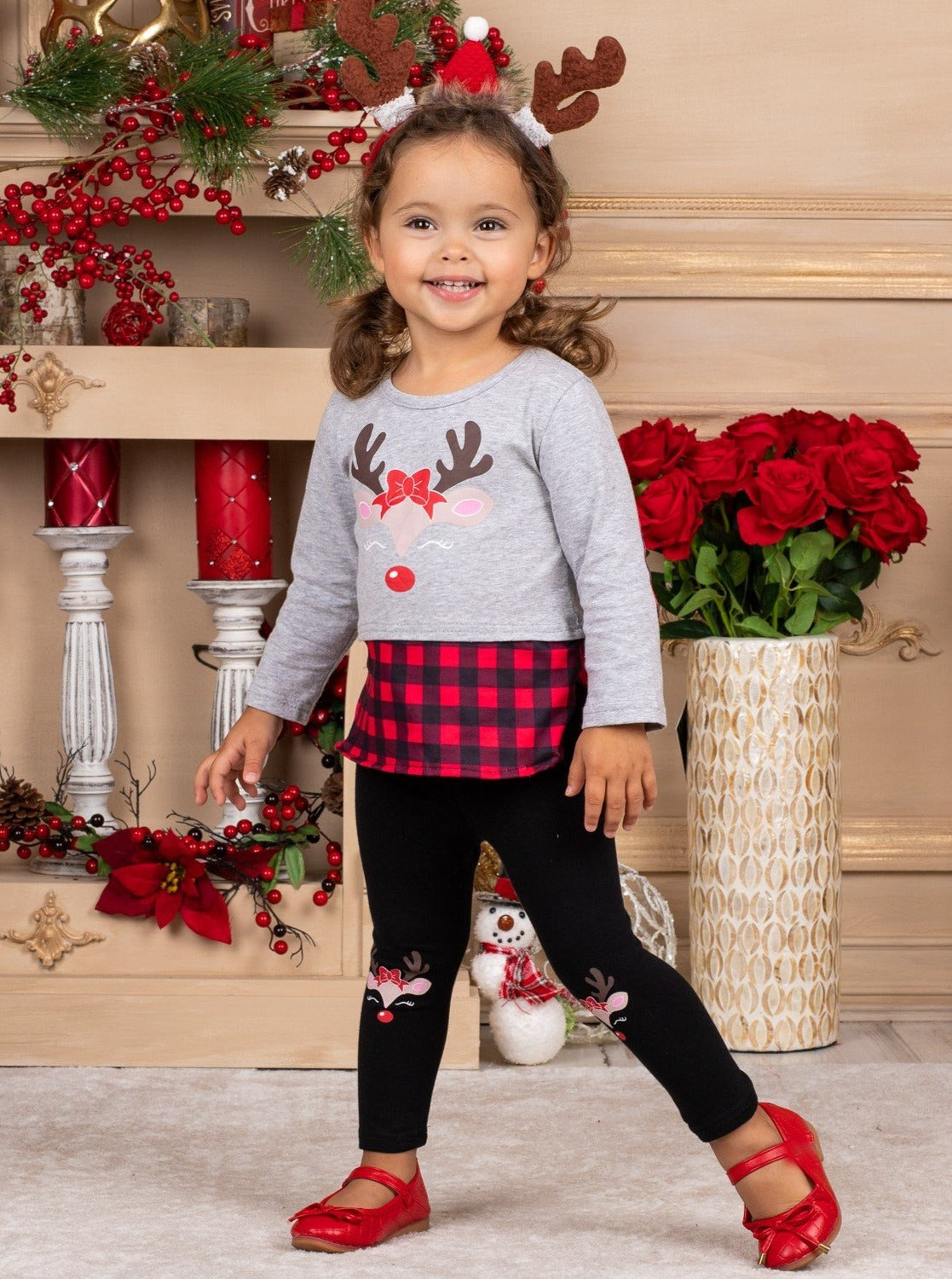 Cute Winter Sets | Girls Reindeer Plaid Patched Top And Legging Set