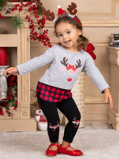 Cute Winter Sets | Girls Reindeer Plaid Patched Top And Legging Set