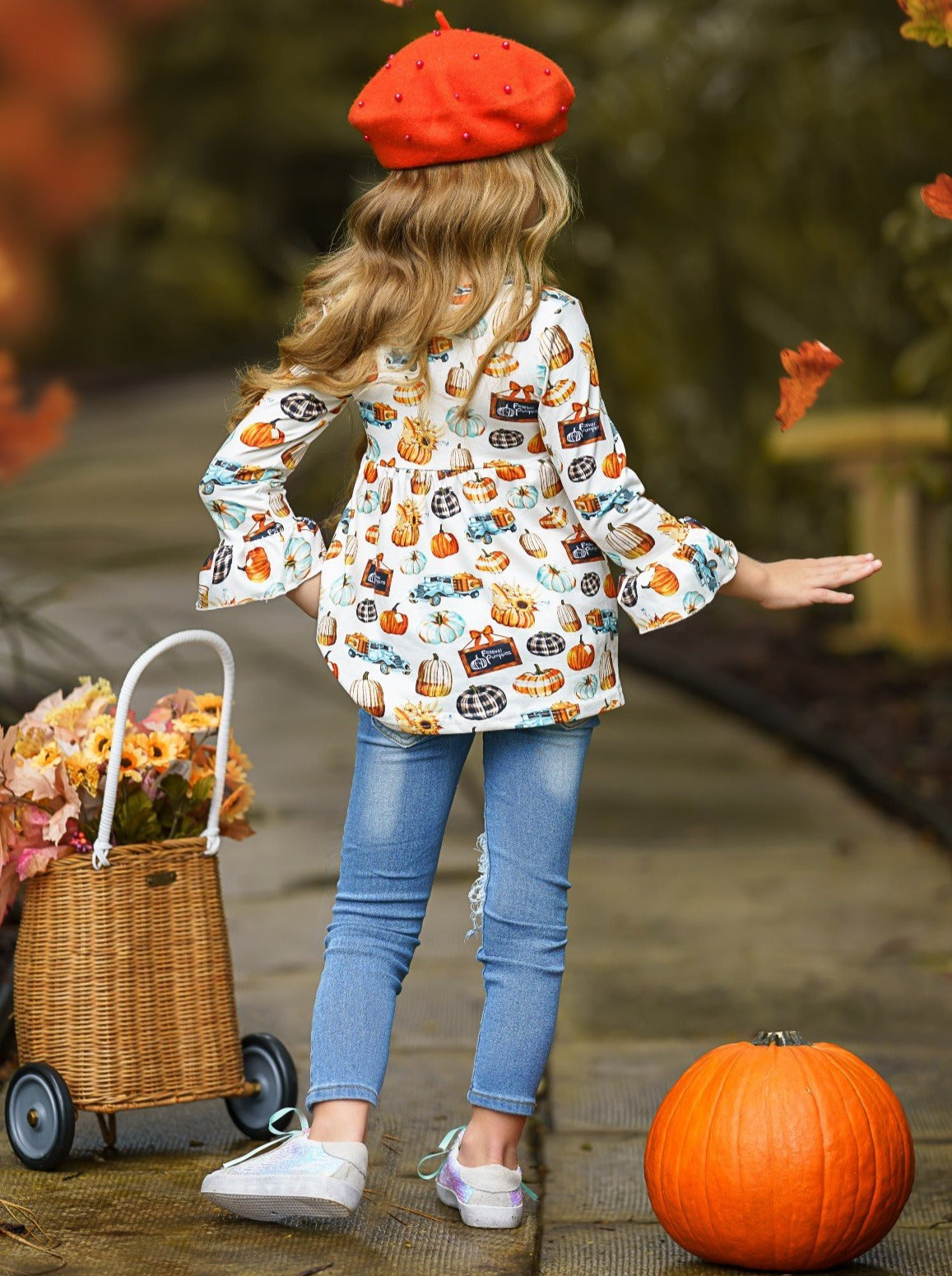 Girls Pumpkin Print Ruffle Tunic & Patched Jeans Set - Mia Belle Girls