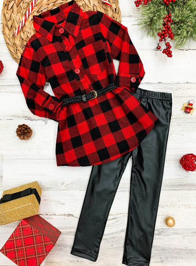 Plaid Tunic with Belt And Leggings - Red and Black