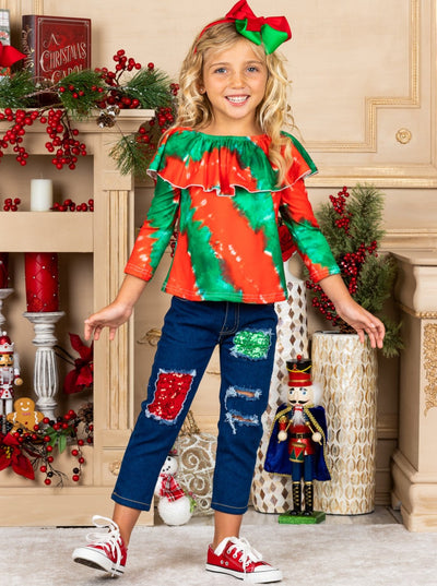 Cute Winter Sets | Girls Tie Dye Ruffle Top & Sequin Patched Jeans Set