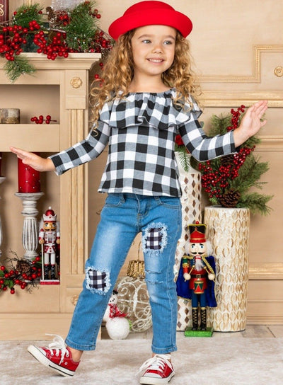 Toddler Winter Outfits | Girls Plaid Ruffle Top & Patched Jeans Set