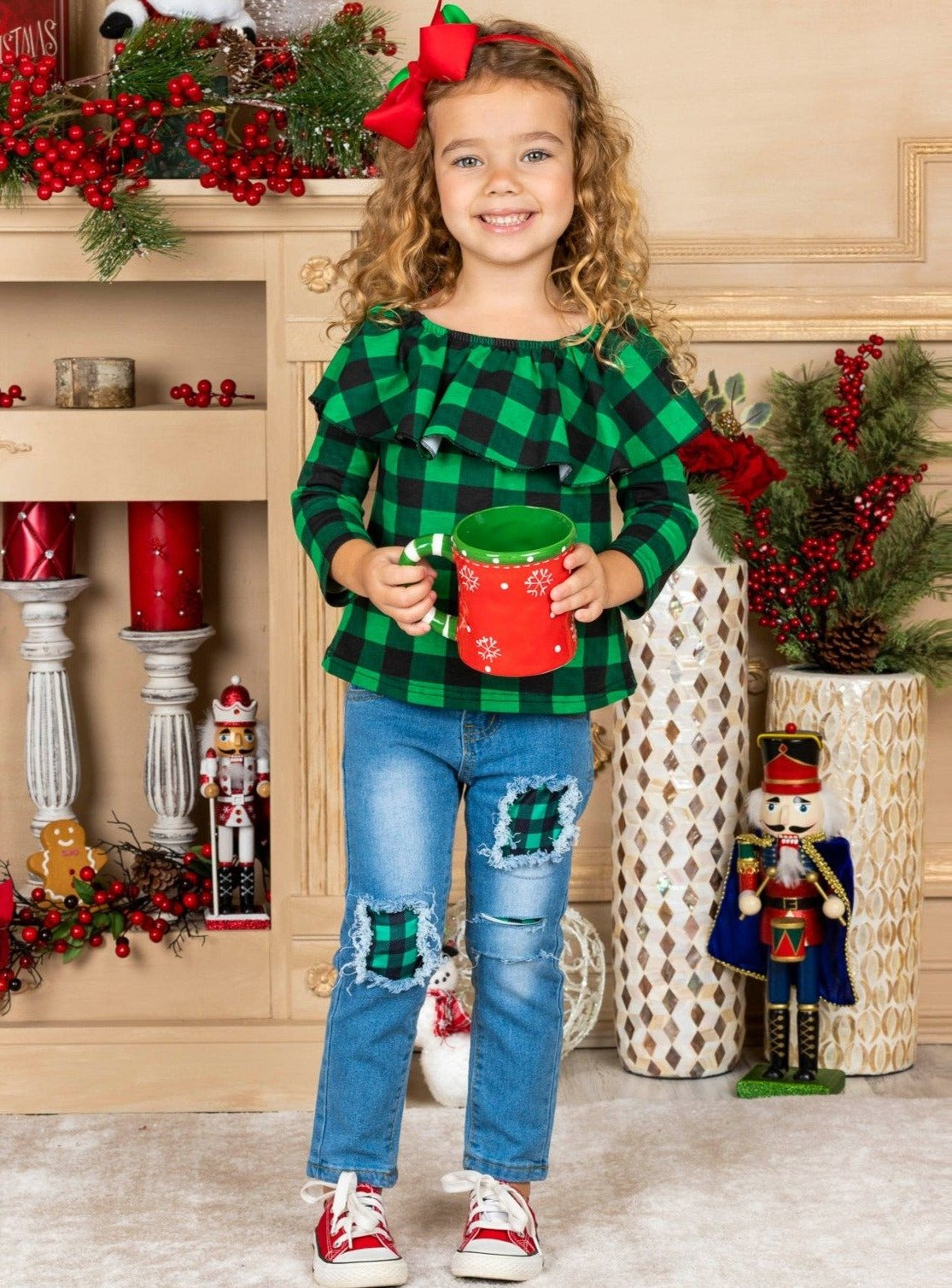 Toddler Winter Outfits | Girls Plaid Ruffle Top & Patched Jeans Set