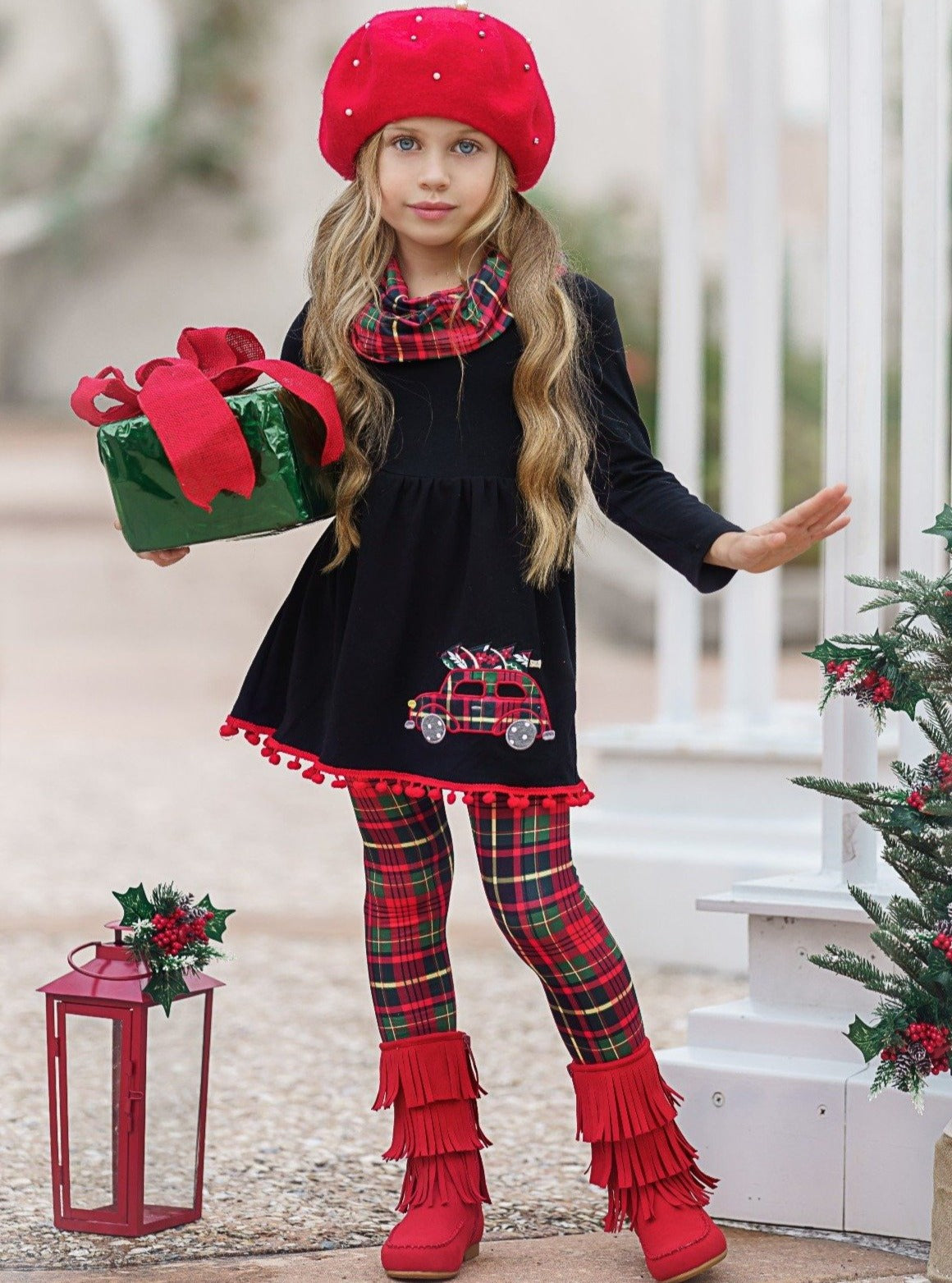 Cute Winter Sets  Girls Christmas Tunic, Plaid Scarf & Legging