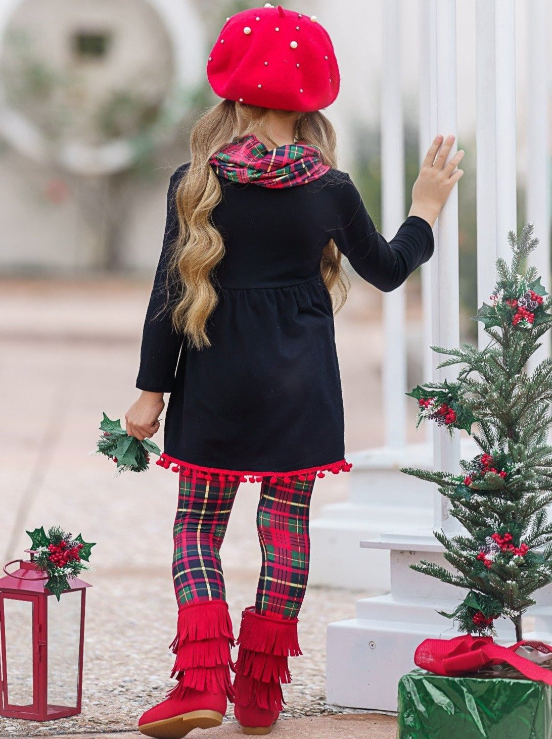 Cute Winter Sets | Girls Christmas Tunic, Plaid Scarf & Legging Set