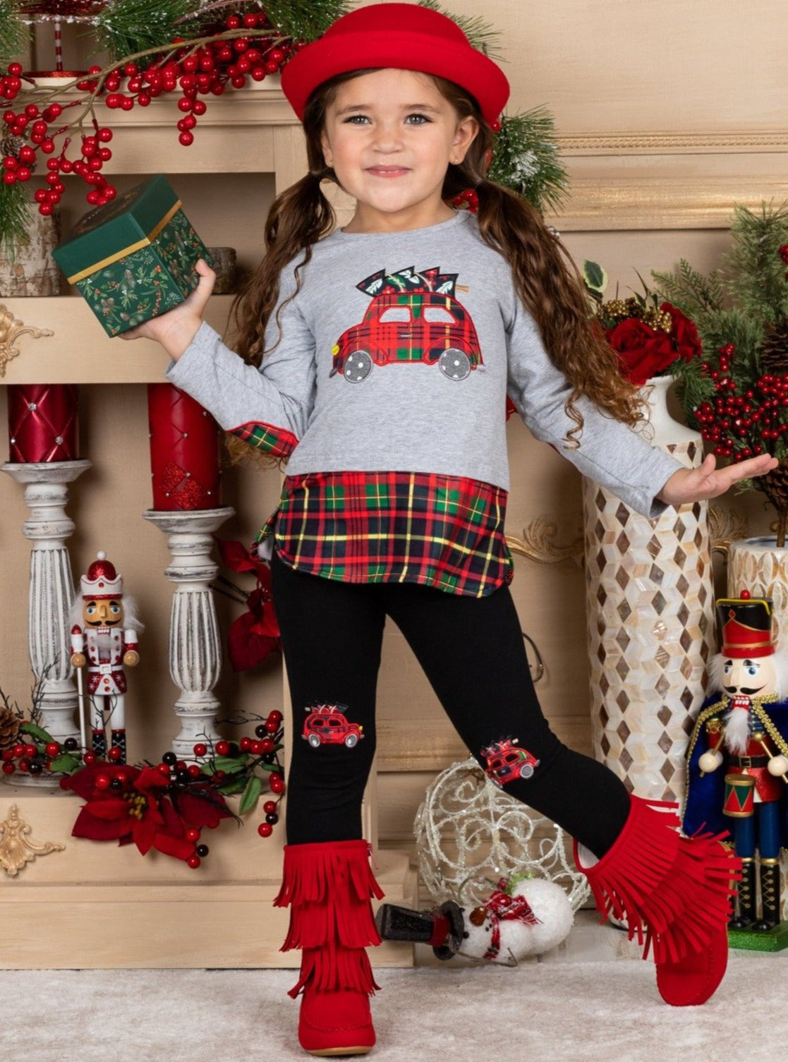 Winter Casual Set | Girls Plaid Truck Top & Patched Leggings Set