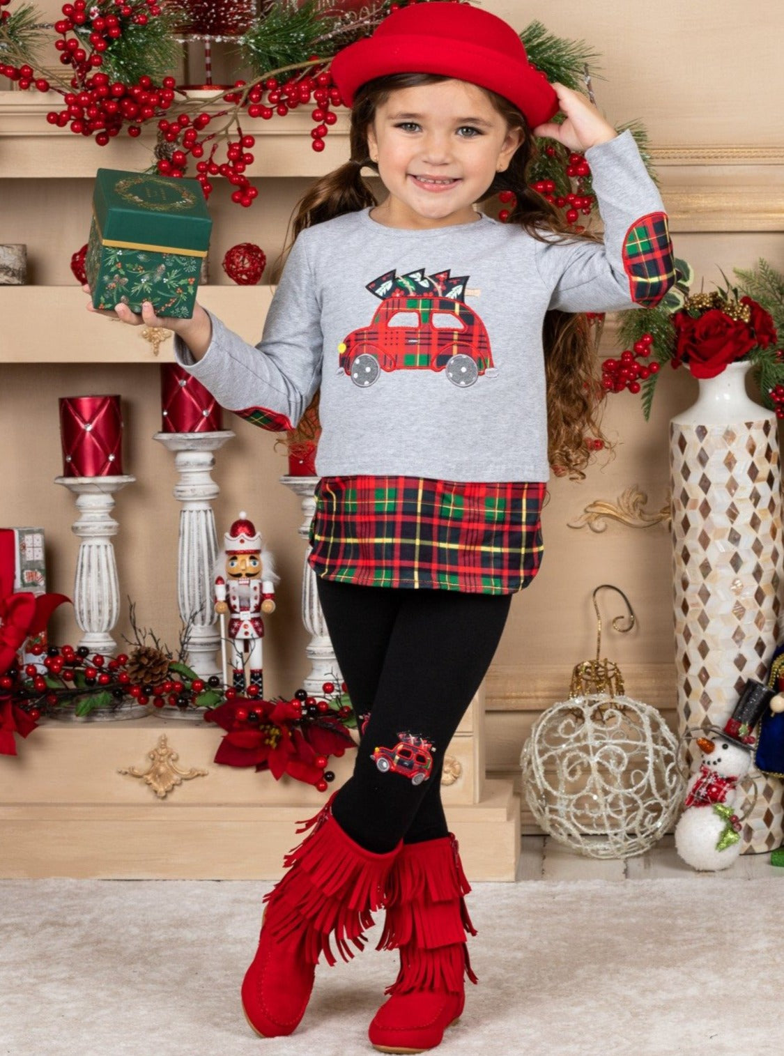 Winter Casual Set | Girls Plaid Truck Top & Patched Leggings Set