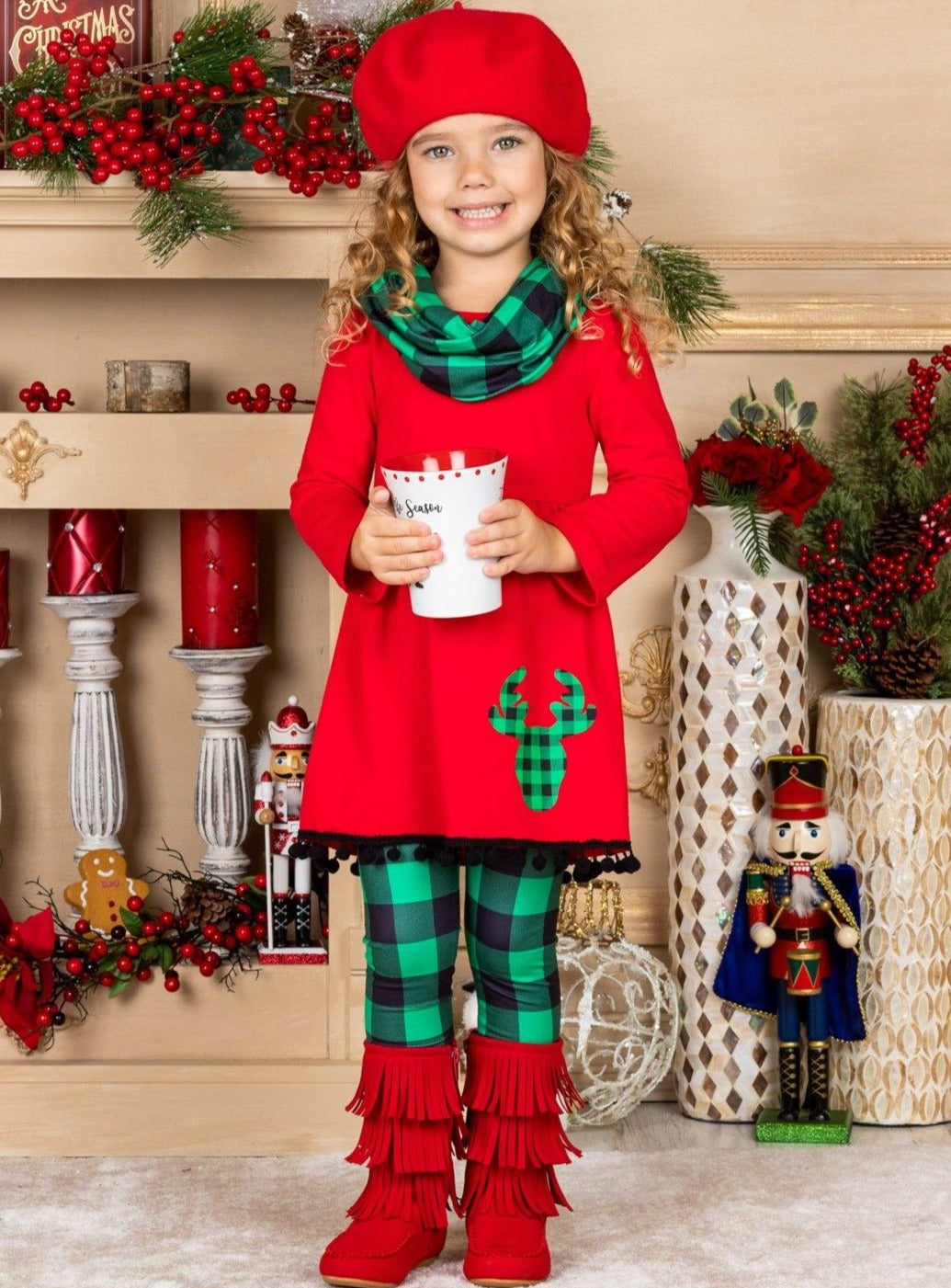Girls Long Sleeve Reindeer Tunic, Plaid Leggings & Scarf Set