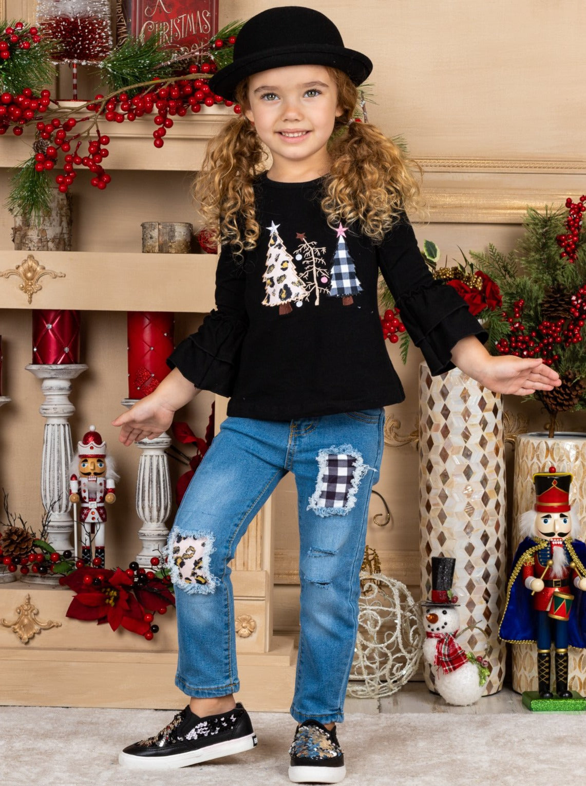 Cute Winter Sets | Christmas Trees Ruffled Tunic & Patched Jeans Set