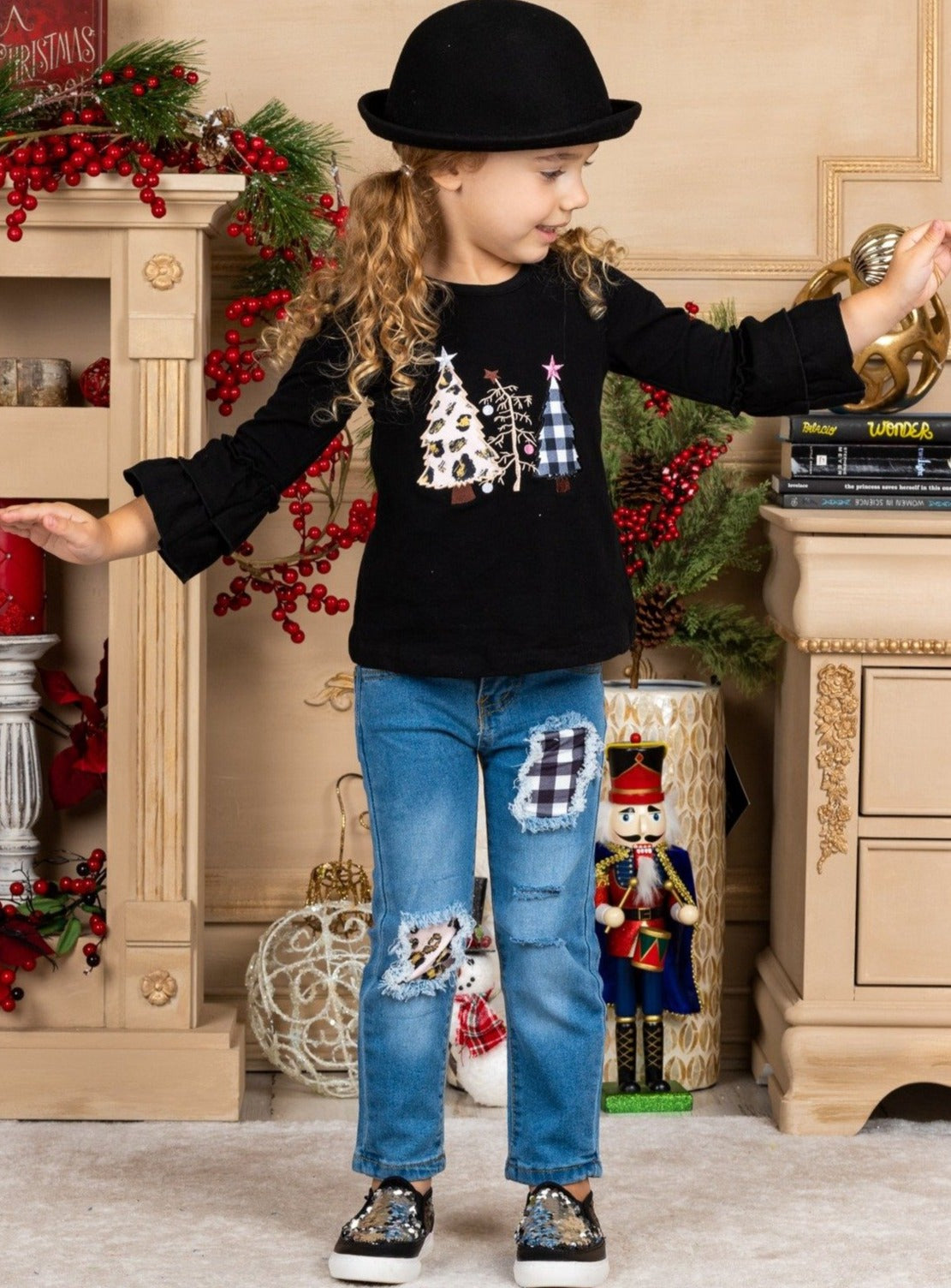 Cute Winter Sets | Christmas Trees Ruffled Tunic & Patched Jeans Set