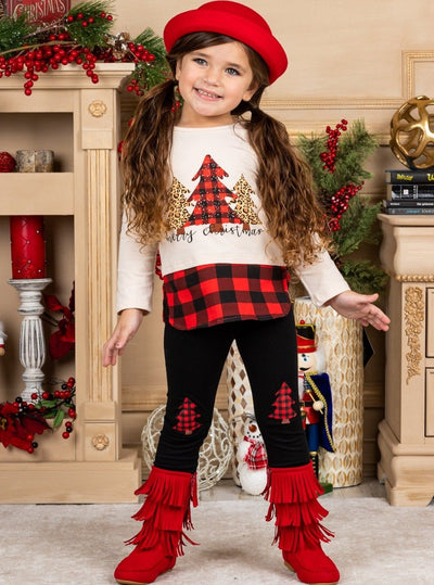 Girls Winter Casual Set | Plaid Christmas Tree Patched Legging Set