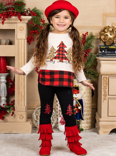 Girls Winter Casual Set | Plaid Christmas Tree Patched Legging Set
