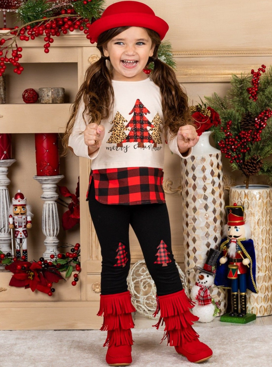 Girls Winter Casual Set | Plaid Christmas Tree Patched Legging Set ...