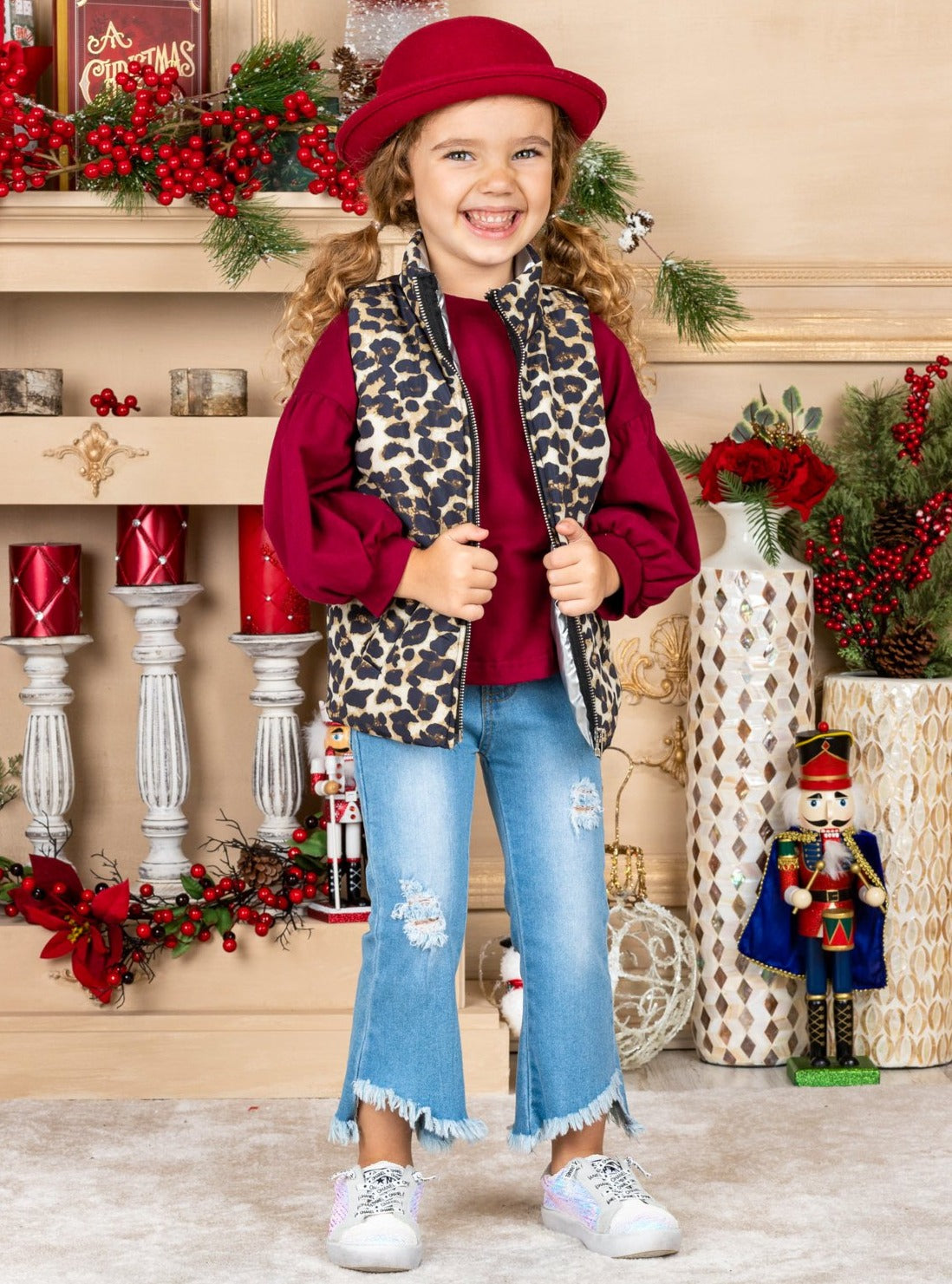 Girls Balloon Sleeve Top, Leopard Puffer Vest and Distressed Jeans Set