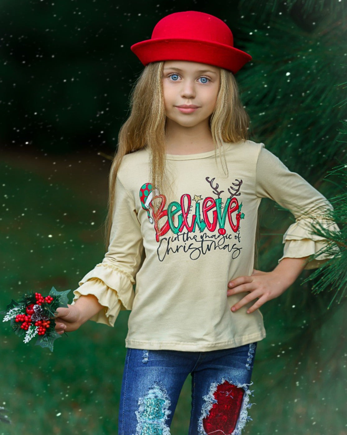 Cute Winter Sets | Girls The Magic Of Christmas Patched Jeans Set