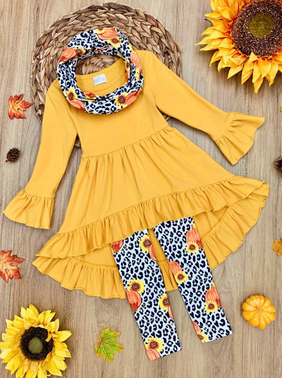 Little girls long-sleeve tunic, leopard/sunflower/pumpkin print leggings, and a matching infinity wrap scarf 