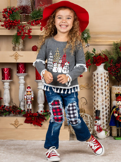Cute Winter Sets | Girls Tassel Snowman Top & Patched Jeans Set