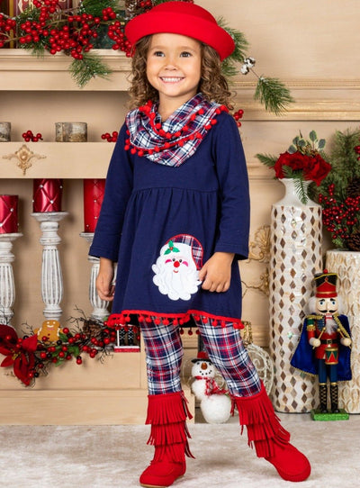 Cute Winter Sets |Girls Santa Pom Pom Tunic, Plaid Scarf & Legging Set