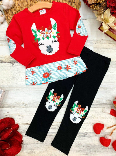 Cute Winter Sets | Girls Llama Poinsettias Top & Patched Leggings Set