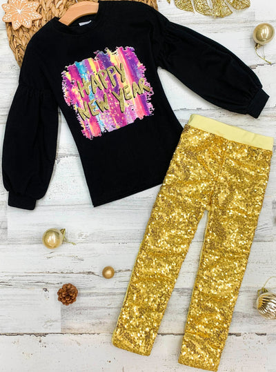 Girls Winter Casual Set | Happy New Year Sweater & Sequin Legging Set
