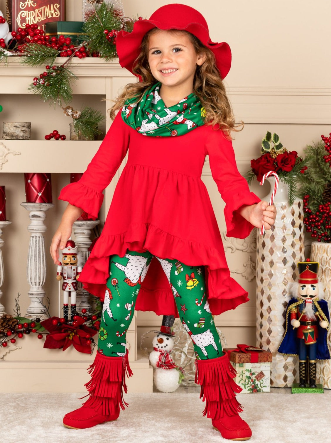 Cute Winter Sets | Girls Christmas Llama Tunic, Scarf, & Legging Set