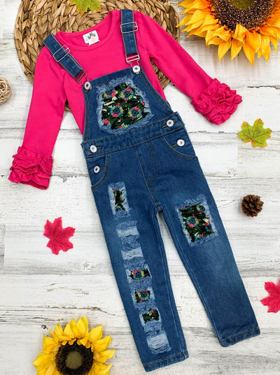 Girls hot pink Camo and Denim Overall with Sunflower patches Set
