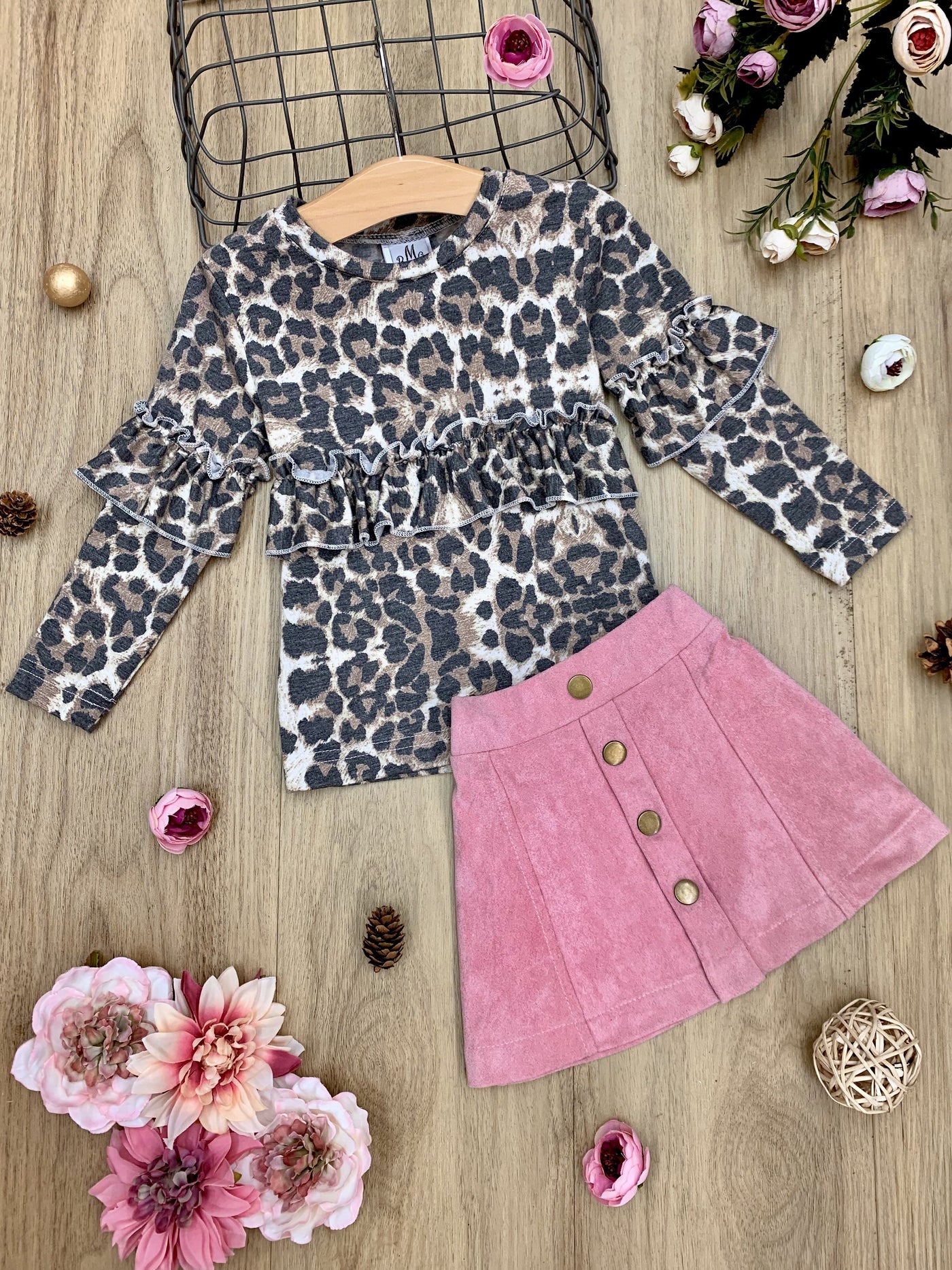 Girls Leopard Print Ruffle Top & Suede Skirt Set - Mia Belle Girls
