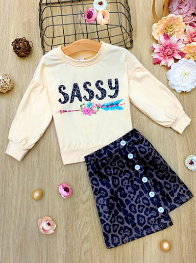 Little girls Fall long-sleeve "Sassy" graphic sweatshirt with side slits and a button-down leopard print skirt - Mia Belle Girls