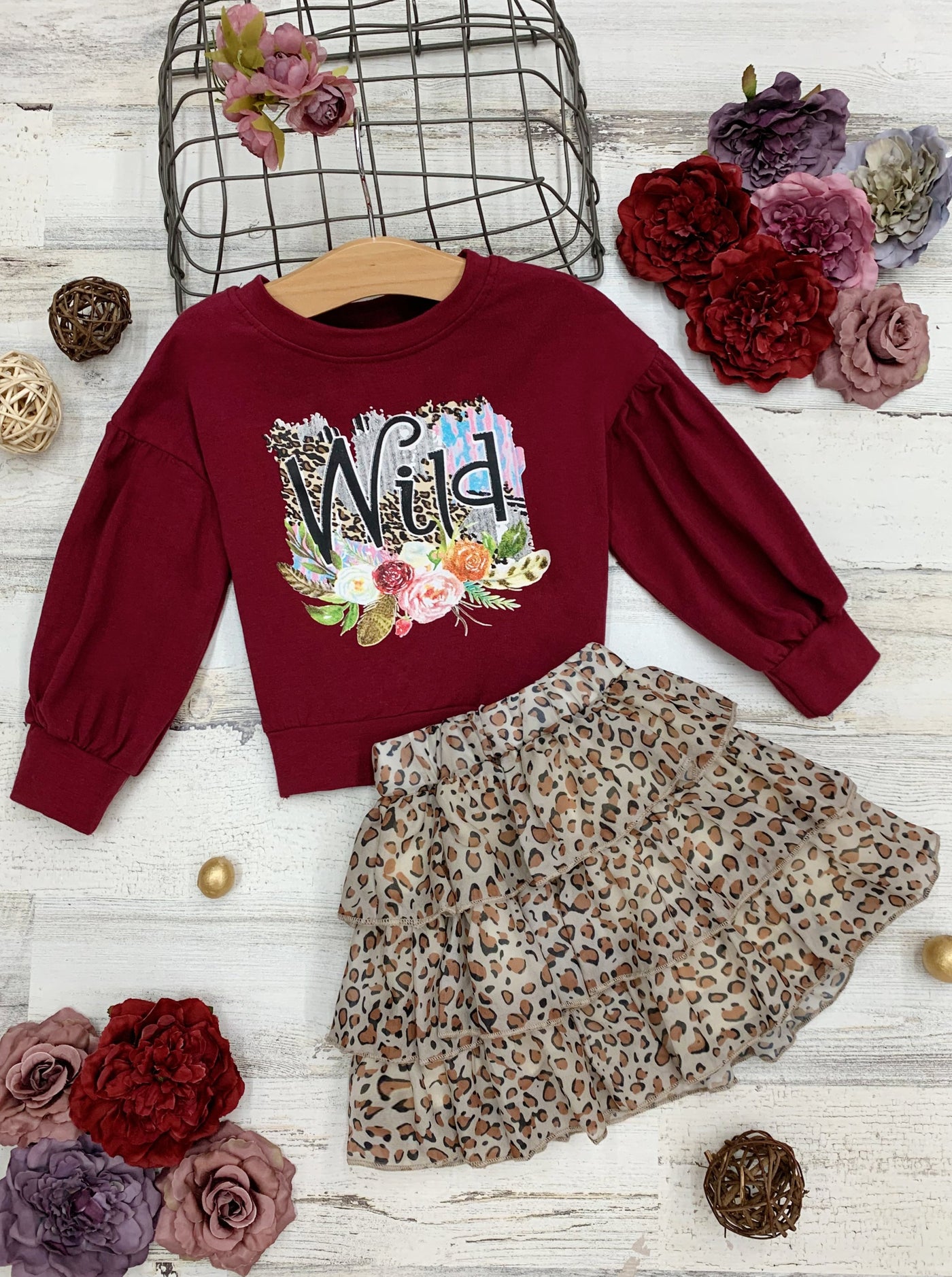 Girls Wild" Sweater and Leopard Ruffled Skirt Set 2T-10Y