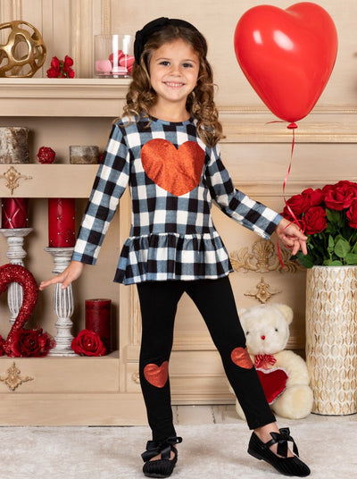 Kids Valentine's Outfit | Plaid Peplum Tunic & Heart Patch Legging Set