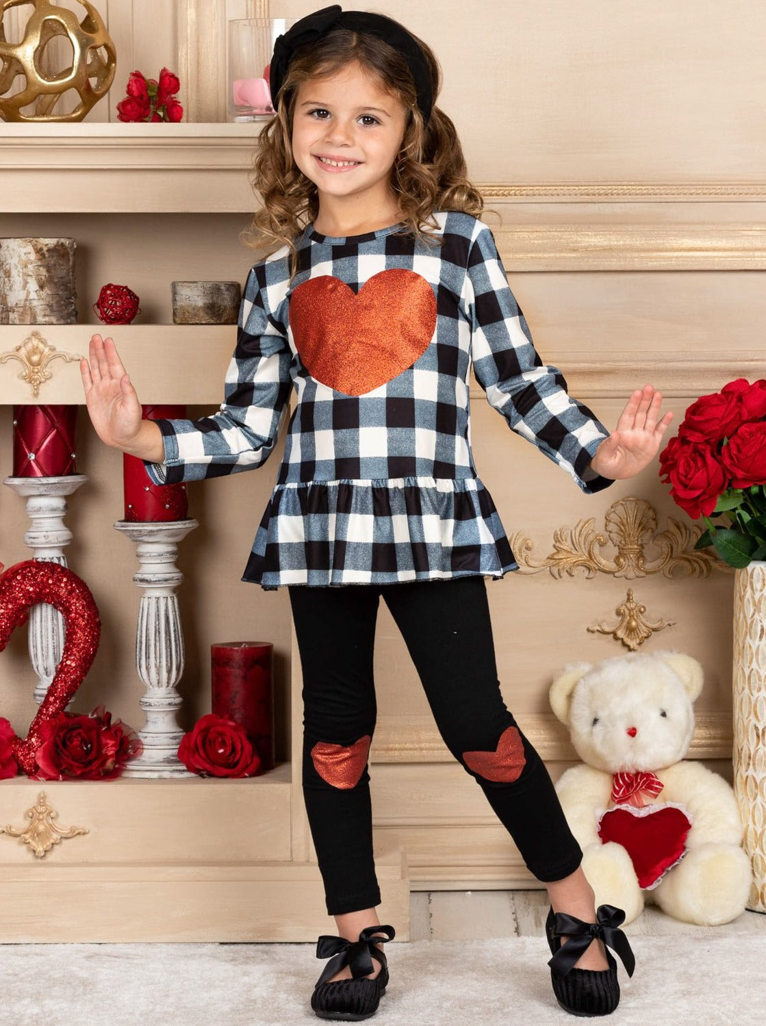 Kids Valentine's Outfit | Plaid Peplum Tunic & Heart Patch Legging Set