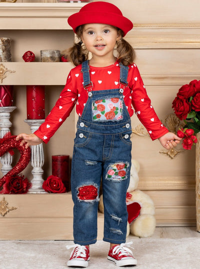 Girls Valentine's Clothes | Polka Dot Top & Patched Denim Overall Set