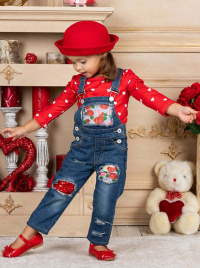 Girls Valentine's Clothes | Polka Dot Top & Patched Denim Overall Set