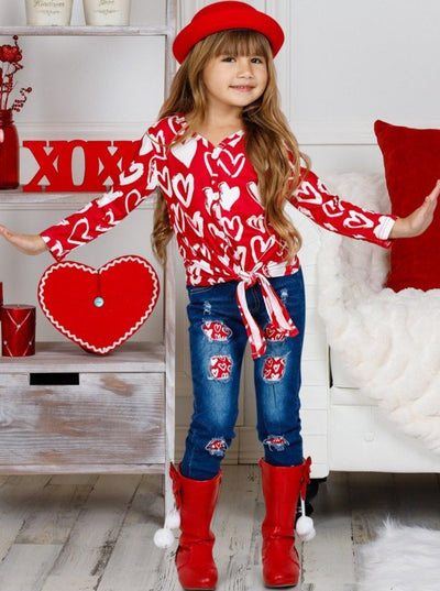 Toddler Valentine's Day Outfit| Girls Knot Hem Top & Patched Denim Set