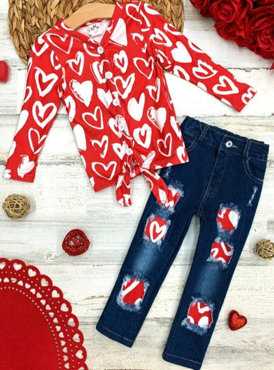 Toddler Valentine's Day Outfit| Girls Knot Hem Top & Patched Denim Set
