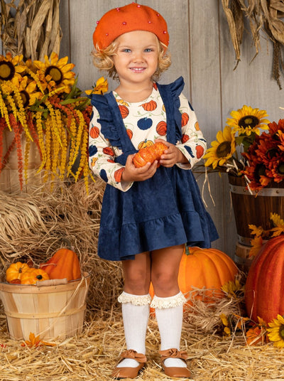 Little girls long-sleeve pumpkin print top and velvet pinafore skirt with ruffle straps and hem - Mia Belle Girls