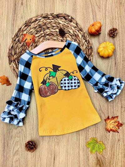 Girls 3/4 raglan sleeve top with mixed print pumpkin graphic in the center and tiered ruffle cuffs - Mia Belle Girls