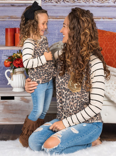 Mommy and Me Matching Tops | Leopard Print Sequin Pocket Raglan Top
