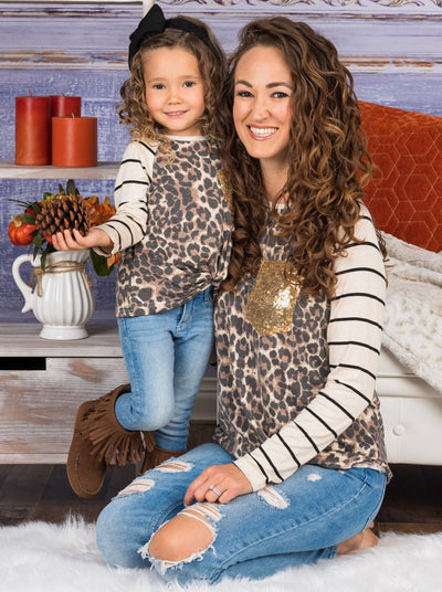 Mommy and Me Matching Tops | Leopard Print Sequin Pocket Raglan Top