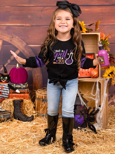 Little girls Halloween long-sleeve double purple glitter stripe knot hem top with "I Put On A Spell On You" graphic design - Mia Belle Girls