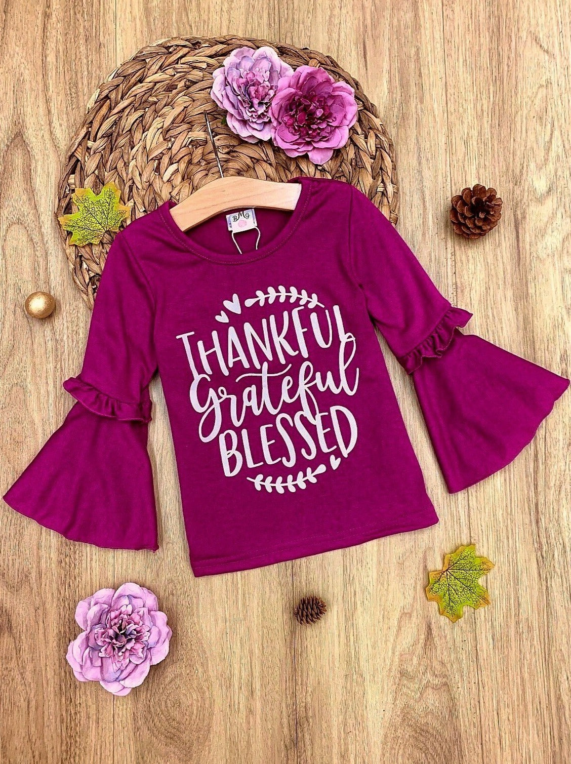 Girls "Thankful Grateful Blessed" Boho Sleeve Top